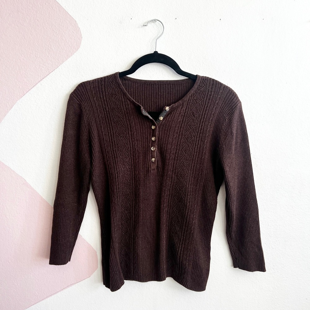 Gap Brown Ribbed Henley Knit Top Women's Medium‎ Minimalist Y2K 2000s Brown